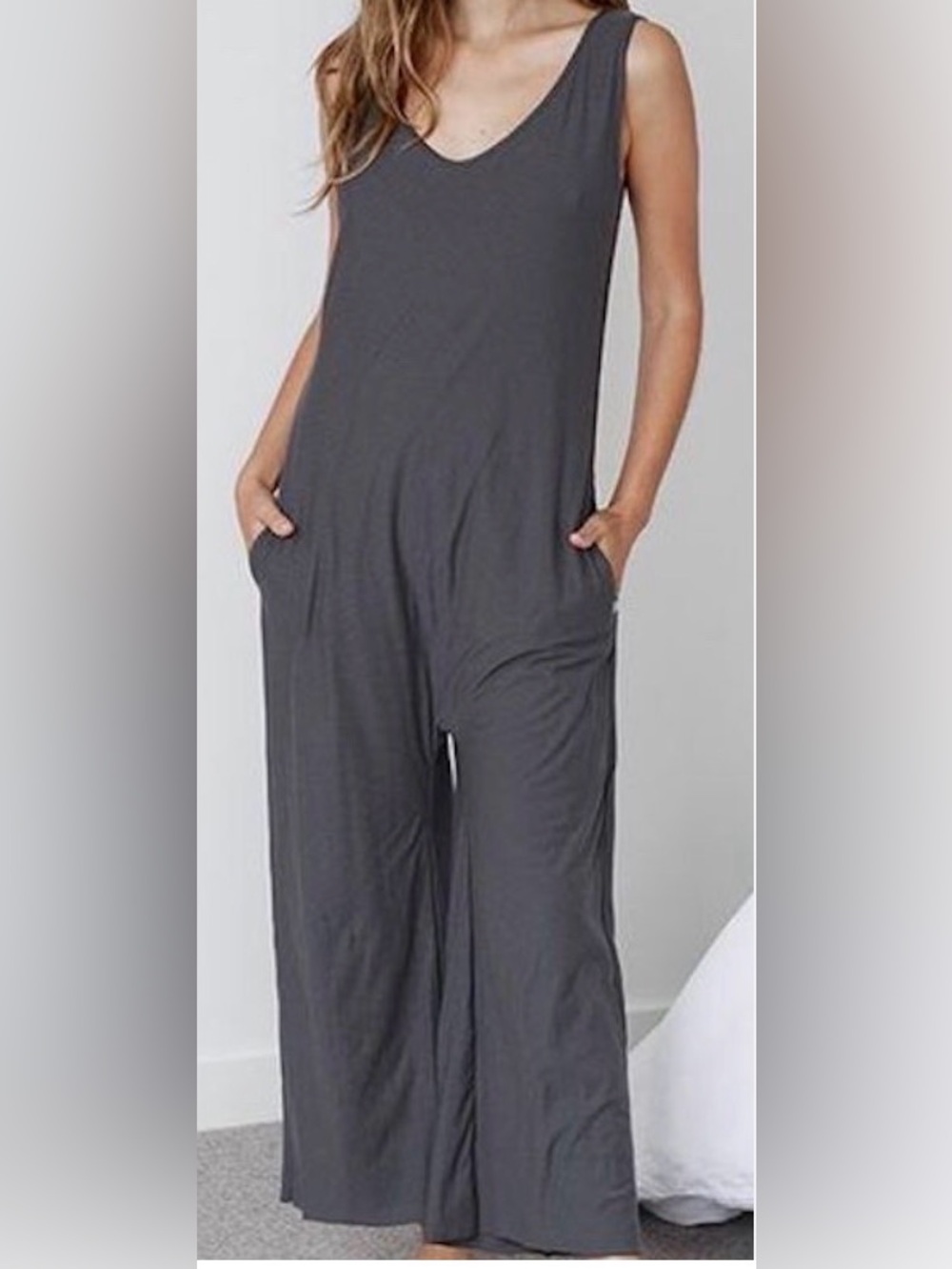 Lunya Sz Medium Romper/Jumpsuit Grey Stripe V Neck Cotton Blend Loungewear